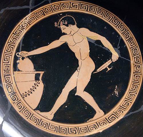 Youth Using an Oinochoe to Draw Wine from a Crater to Fill a Kylix